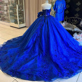 Royal Blue Quinceanera Dress Off-Shoulder Ball Gown with 3D Flower Lace & Glitter Tulle for Sweet 16 & Princess Parties